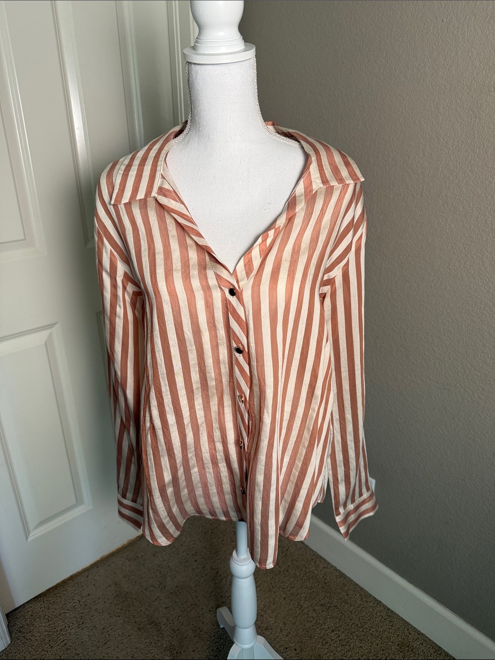 Zara Vertical Stripe Button-Down Shirt - Cream & Tan